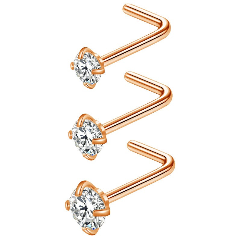 VELCARE 3 Pcs Stainless Steel Nose Rings Studs 20 Gauge L Shaped Curved Nose Piercing Jewelry 2mm 2.5mm 3mm Diamond CZ Nose Stud L Bend for Women Piercing - Rose Gold - Image 1